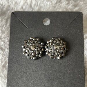 Black Floral Stud Costume Earrings with Textured Sparkling Gemstone Design